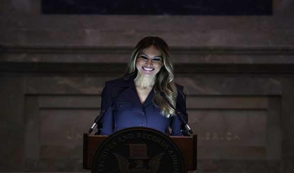 Former U.S. first lady Melania Trump delivers remarks during a naturalization ceremony at the National Archives on December 15, 2023 in Washington, DC. Alex Wong/Getty Images