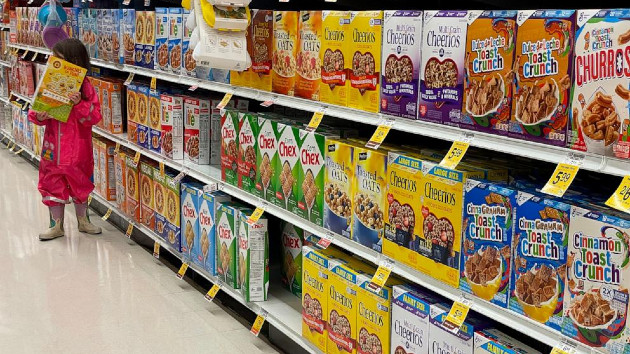 Boxes of General Mills cereal are displayed on a grocery store shelf on Dec. 20, 2023 in San Anselmo, Calif. (Justin Sullivan/Getty Images)