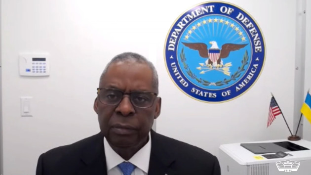 Defense Secretary Lloyd Austin is seen making his first public appearance on Jan. 23, 2024 since his hospitalization while participating from his home in a videoconference with the 50 nations of the Ukraine Defense Contact Group that are providing military aid to Ukraine. (DOD)