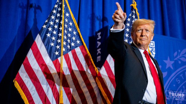 Republican presidential candidate, former U.S. President Donald Trump points to supporters at the conclusion of a campaign rally at the Atkinson Country Club on Jan. 16, 2024 in Atkinson, New Hampshire. (Brandon Bell/Getty Images)