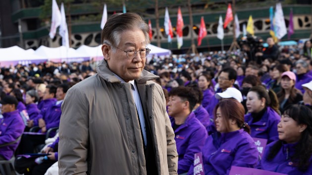 Lee Jae-myung, leader of the Democratic Party of Korea enters Seoul Plaza, the memorial site for 2022 Itaewon disaster victims, during a memorial event of the first anniversary on Oct. 29, 2023 in Seoul, South Korea. (Chris Jung/NurPhoto via Getty Images)