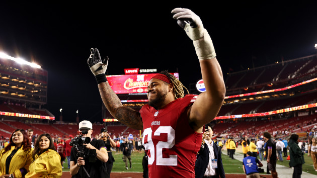 Chase Young #92 of the San Francisco 49ers celebrates after beating the Detroit Lions in the NFC Championship football game at Levi's Stadium on January 28, 2024 in Santa Clara, California. (Photo by Kevin Sabitus/Getty Images)