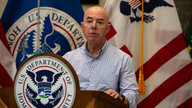 Alejandro Mayorkas, secretary of the U.S. Department of Homeland Security, speaks during a news conference while visiting the U.S.-Mexico border, Jan. 8, 2024, in Eagle Pass, Texas. (Kaylee Greenlee Beal/Bloomberg via Getty Images)