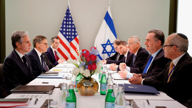 Secretary of State Antony Blinken (L) meets with Israel's Foreign Minister Israel Katz (2nd-R) in Tel Aviv, on Jan. 9, 2024, during his week-long trip aimed at calming tensions across the Middle East. (Evelyn Hockstein/POOL via AFP via Getty Images)