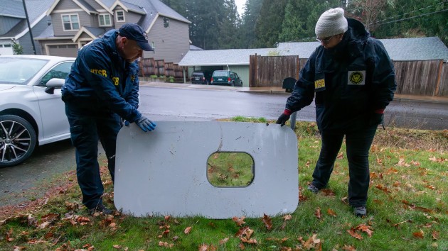 NTSB investigators have recovered the door plug from the Alaska Airlines Boeing 737-9 MAX, flight 1282 that was found in the backyard of a home in Portland, Oregon. (NTSB)