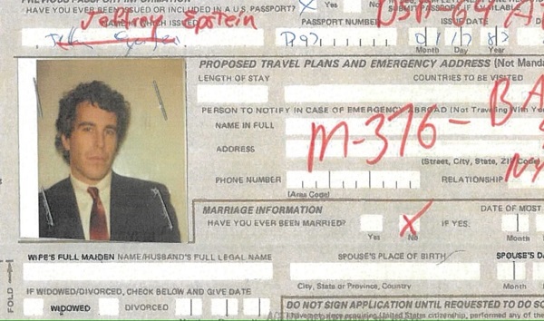 A passport application from April 1983 when Epstein sought to replace a lost passport in time for a trip to London is seen. CREDIT: U.S. State Department