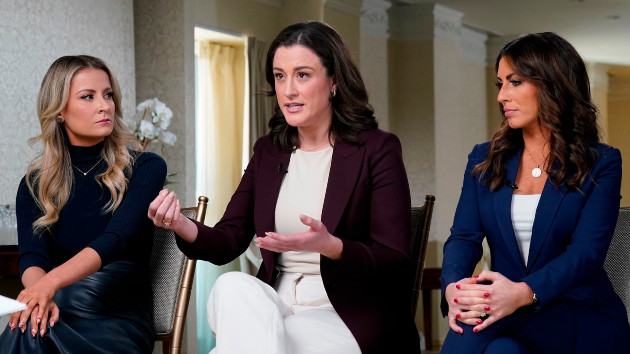 ABC's Jonathan Karl interviews Sarah Matthews, left, Cassidy Hutchinson, center, and Alyssa Farah Griffin, Dec. 15, 2023, in Washington. (Lou Rocco/ABC)