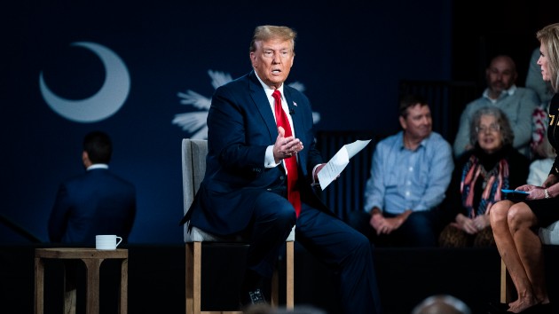 Republican presidential candidate former President Donald Trump speaks with moderator Laura Ingraham during a Fox News Channel town Hall held in Greenville, S.C. on Tuesday, Feb 20, 2024. (Jabin Botsford/The Washington Post via Getty Images)