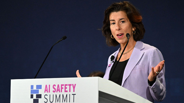 US Commerce Secretary Gina Raimondo speaks during the UK Artificial Intelligence (AI) Safety Summit at Bletchley Park, in central England, on November 1, 2023. (Photo by Leon Neal / POOL / AFP)
