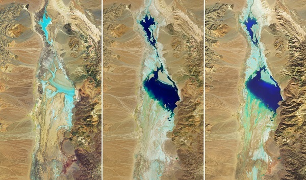 This series of images compares the desert basin before flooding (left) with its more-waterlogged state following each major storm. In both August 2023 (middle) and February 2024 (right), a shallow lake several kilometers across fills in the low-lying salt flat. CREDIT: NASA Earth Observatory