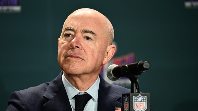 Homeland Security Secretary Alejandro Mayorkas speaks about security during a news conference ahead of Super Bowl LVIII at Allegiant Stadium in Las Vegas, Nevada on Feb. 7, 2024. (Patrick T. Fallon/AFP via Getty Images)