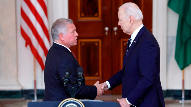 President Joe Biden shakes hands with King of Jordan Abdullah II ibn Al Hussein after giving remarks White House, Feb. 12, 2024. (Anna Moneymaker/Getty Images)