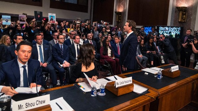 Mark Zuckerberg, CEO of Meta, apologizes to families who have been harmed due to unsafe social media during the Senate Judiciary Committee hearing in the Dirksen Senate Office Building, Jan. 31, 2024, in Washington. (Tom Williams/CQ-Roll Call, Inc via Getty Images)