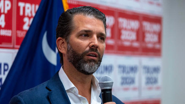 Donald Trump Jr. speaks to supporters at a rally for his father, Republican Presidential candidate, former U.S. President Donald Trump on Feb. 23, 2024 in Charleston, S.C. (Tasos Katopodis/Getty Images)