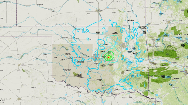 This map released by the USGS shows the epicenter of the earthquake new Pargue, Oklahoma, on Feb. 2, 2024. (USGS)