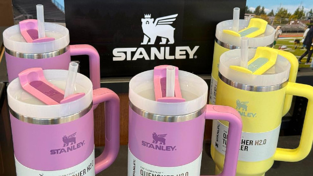 Stanley tumblers are displayed on a shelf at a Dick's Sporting Goods store, Feb. 2, 2024, in Daly City, Calif. (Justin Sullivan/Getty Images)