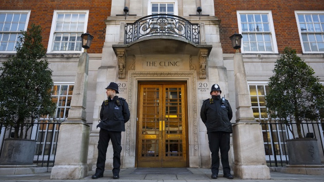 Police officers stand guard outside the London Clinic after the UK's Princess of Wales, Kate Middleton underwent planned surgery in London, United Kingdom on January 18, 2024. Princess of Wales will stay two weeks in hospital after undergoing successful abdominal surgery. (Rasid Necati Aslim/Anadolu via Getty Images)