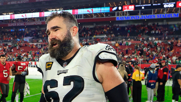 Jason Kelce #62 of the Philadelphia Eagles plays during the NFC Wild Card game against the Tampa Bay Buccaneers at Raymond James Stadium on Jan. 15, 2024 in Tampa, Florida. (Mike Ehrmann/Getty Images)
