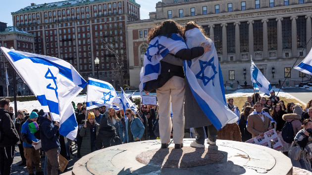 Students hold a rally in support of Israel and demand greater protection from antisemitism on campus at Columbia University, February 14, 2024 in New York City. (Photo by Andrew Lichtenstein/Corbis via Getty Images)