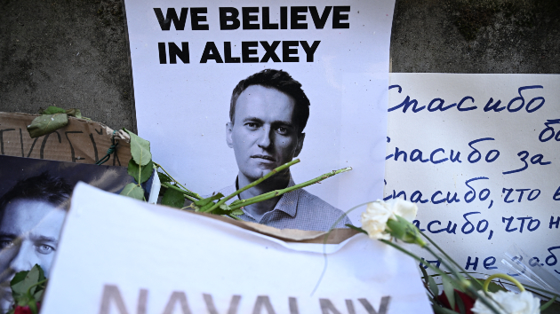 A picture of late Russian opposition leader Alexei Navalny with the lettering 'We believe in Alexey' is pictured at a makeshift memorial in Frankfurt am Main, western Germany, on February 29, 2024. (Photo by -/AFP via Getty Images)