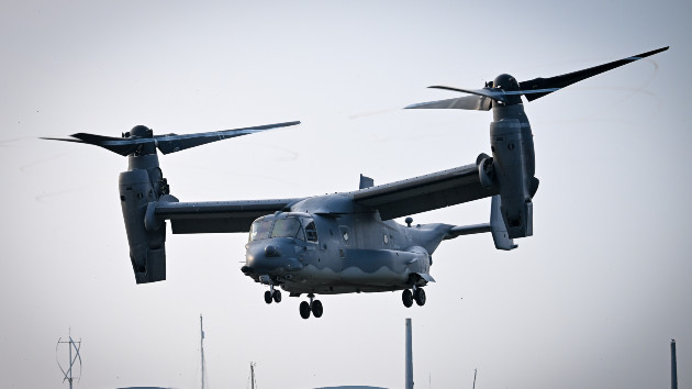 A US Air Force (USAF) Bell-Boeing CV-22B Osprey tiltrotor military aircraft takes off at HeliOperations base, on March 30, 2022 in Portland, United Kingdom. (Photo by Finnbarr Webster/Getty Images)