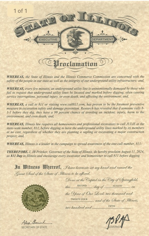 Governor Pritzker Proclaims August 11th as 811 Day to Call JULIE before Digging