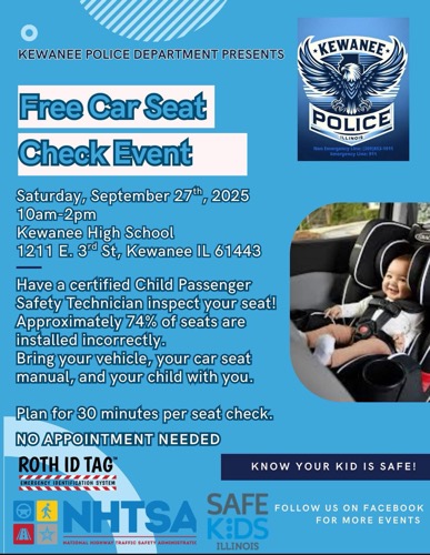 Kewanee Police Offer Free Car Seat Safety Checks for Families at High School on September 27, 2025