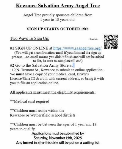 Kewanee Salvation Army Angel Tree Program Registration Deadline November 15, 2025