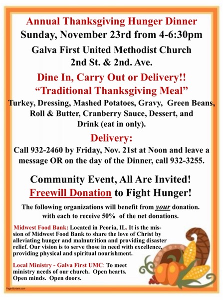 Community Thanksgiving Hunger Dinner at Galva First United Methodist Church on November 23, 2025
