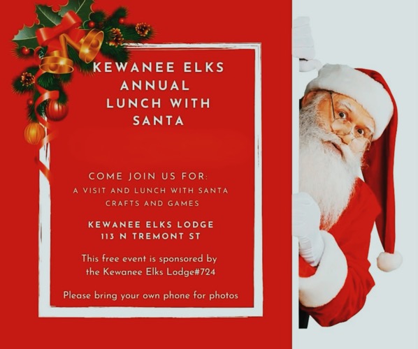 Kewanee Elks Lodge Annual Lunch with Santa on December 6, 2025