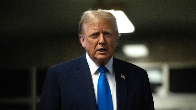 Former U.S. President Donald Trump speaks to members of the media at Manhattan criminal court in New York, U.S., on Monday, April 22, 2024. (Victor J. Blue/The Washington Post/ Bloomberg)
