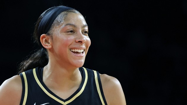Candace Parker #3 of the Las Vegas Aces reacts in the second quarter of a game against the Connecticut Sun at Michelob ULTRA Arena on July 01, 2023 in Las Vegas, Nevada. (Ethan Miller/Getty Images)