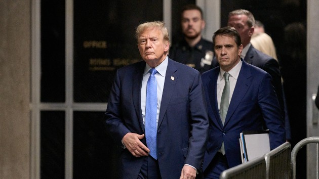 Former U.S. President Donald Trump, left, and Todd Blanche, attorney for Trump, right, leave Manhattan criminal court in New York, U.S., on Friday, April 26, 2024. (Curtis Means/Daily Mail/Bloomberg via Getty Images)