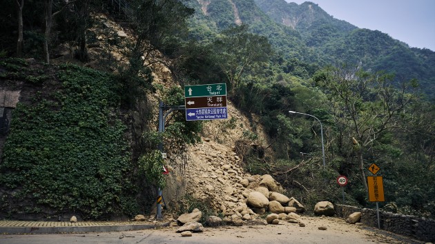 A landslide blocks a road near Taroko national park following an earthquake in Hualien, Taiwan, on Thursday, April 4, 2024. (An Rong Xu/Bloomberg via Getty Images)