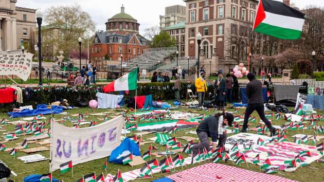 For the fifth day, pro-Palestinian students occupy a central lawn on the Columbia University campus, on April 21, 2024 in New York City. (Andrew Lichtenstein/Corbis via Getty Images)