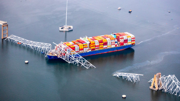 In an aerial view, cargo ship Dali is seen after running into and collapsing the Francis Scott Key Bridge, Mar. 26, 2024 in Baltimore. -- Tasos Katopodis/Getty Images
