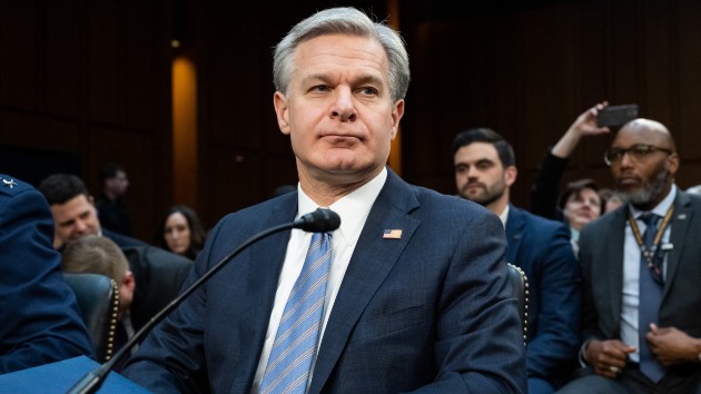 FBI Director Christopher Wray testifying during a Senate Select Committee on Intelligence on the "Annual Worldwide Threats Assessment" in the Hart Senate Office Building on Capitol Hill in Washington, Mar. 11, 2024. (Saul Loeb/AFP via Getty Images)