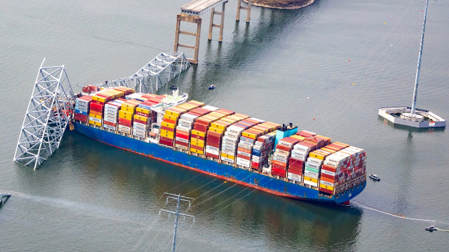 In an aerial view, the cargo ship Dali sits in the water after running into and collapsing the Francis Scott Key Bridge on March 26, 2024 in Baltimore, Maryland. (Tasos Katopodis/Getty Images)
