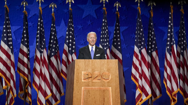 Democratic presidential nominee Joe Biden speaks during the Democratic National Convention at the Chase Center in Wilmington, Delaware, Aug. 20, 2020. -- Stefani Reynolds/Bloomberg via Getty Images