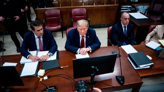Former President Donald Trump appears with his legal team Todd Blanche, and Emil Bove ahead of the start of jury selection at Manhattan Criminal Court, Apr. 15, 2024, in New York City. (Jabin Botsford-Pool/Getty Images)