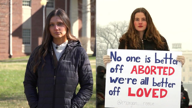 Two 22-year-old college seniors, Hadley Duvall (left) and Morgan Reece (right) find themselves on opposite sides of the abortion debate. (ABC News)