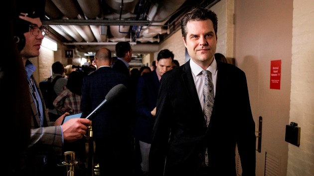 Rep. Matt Gaetz walks past reporters as he leaves a House GOP caucus meeting at the U.S Capitol, on April 10, 2024, in Washington, D.C. (Samuel Corum/Getty Images)