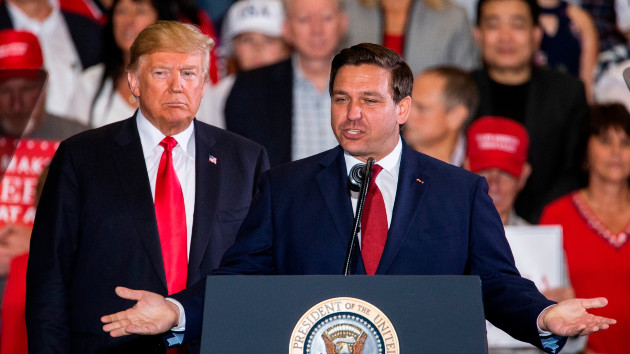 In this Nov. 3, 2018 file photo Florida Republican gubernatorial candidate Ron DeSantis speaks with President Donald Trump at a campaign rally at the Pensacola International Airport in Pensacola, Fla. (Mark Wallheiser/Getty Images)