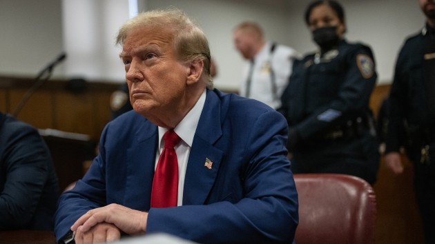 Former president Donald Trump sits in Manhattan Criminal Court for the start of the third week of his trial for falsifying documents related to hush money payments, in New York, NY, on Tuesday, April 30, 2024. (Victor J. Blue for The Washington Post via Getty Images/ Pool)