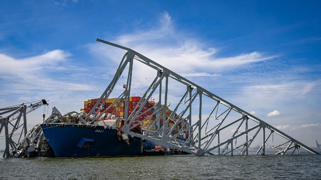 Salvage efforts continue as workers make preparations to remove the wreckage of the Francis Scott Key Bridge from the container ship Dali five weeks after the catastrophic collapse. (Jerry Jackson/The Baltimore Sun/Tribune News Service via Getty Images)