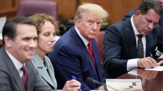 Flanked by attorneys, former U.S. President Donald Trump appears in the courtroom for his arraignment proceeding at Manhattan Criminal Court on April 4, 2023, in New York City. (Photo by Seth Wenig-Pool/Getty Images)