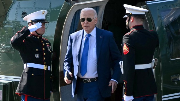 President Joe Biden steps off Marine One upon arrival at Soldier Field Landing Zone in Chicago, on May 8, 2024. (Mandel Ngan/AFP via Getty Images)