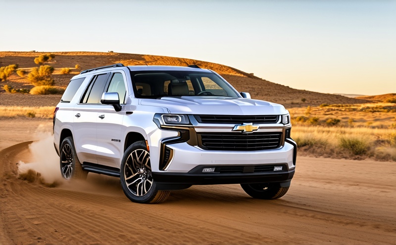 Create a high-resolution image of a 2023 Chevrolet Tahoe, showcasing its powerful stance, luxurious interior, and advanced safety features. Highlight its spacious seating, modern infotainment system, and rugged off-road capabilities.