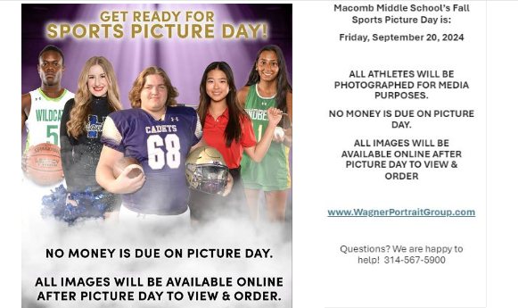 MMS Fall Sports pictures will be taken on Friday, September 20. #MAC185