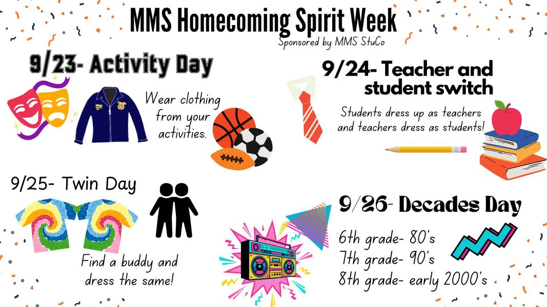 MMS Homecoming Spirit Week. Note there will not be a Spirit Day on September 27 due to MMS School Pictures being taken t…